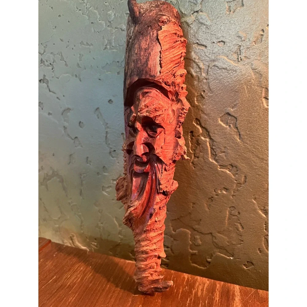 Vintage Hand Carved Wood Spirit Face Forest Wizard Folk Art Branch Carving